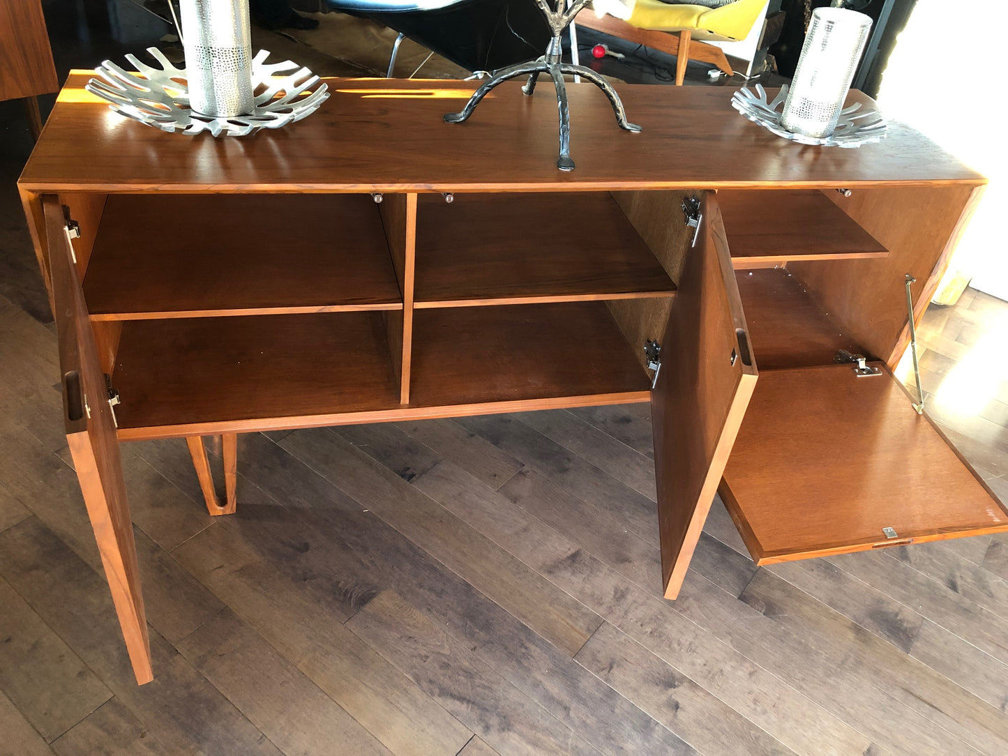 Danish MCM Teak Buffet Bar Ib Kofod-Larsen style 63", 3 doors with hidden handles, perfect - Mid Century Modern Toronto