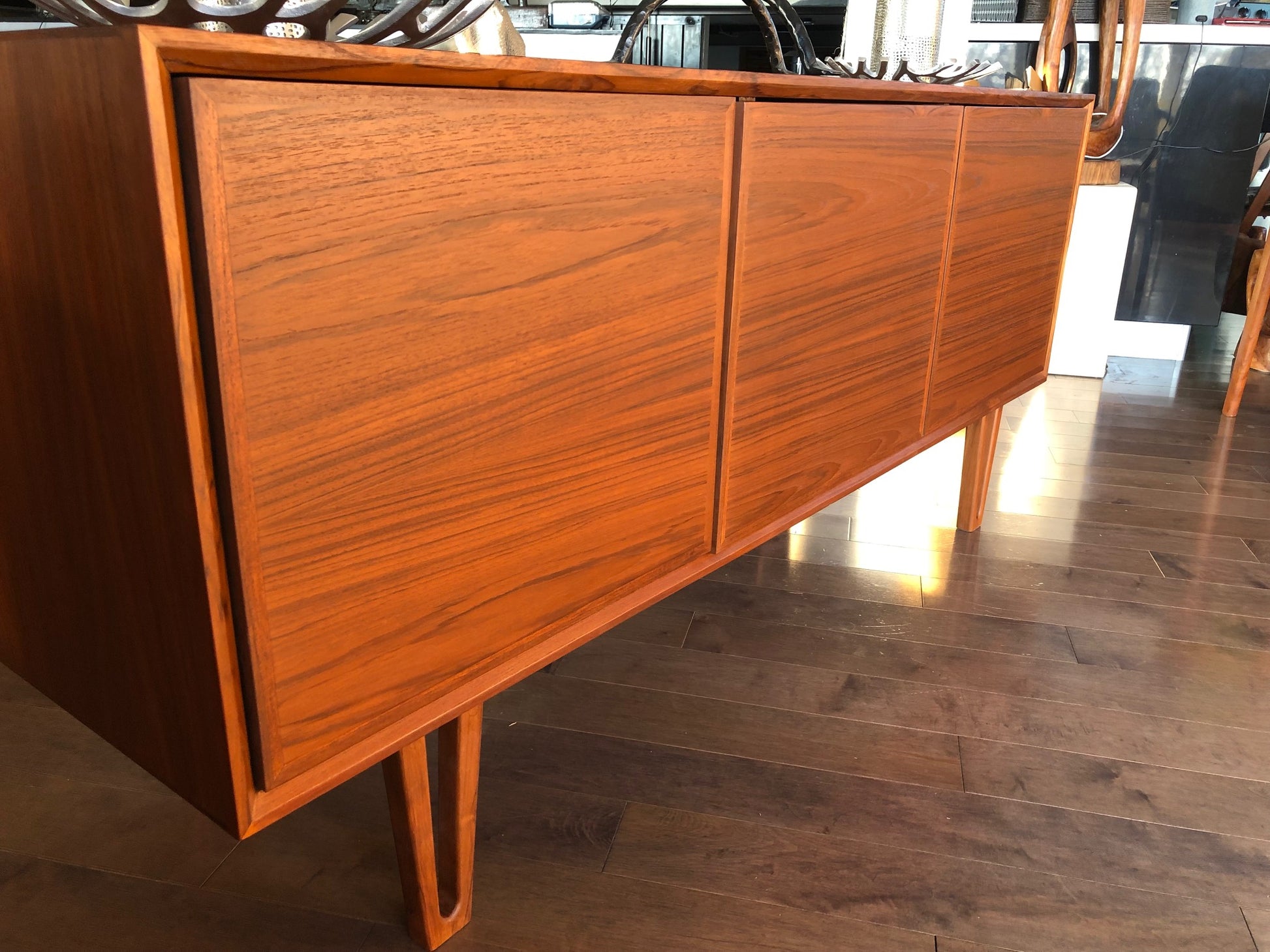 Danish MCM Teak Buffet Bar Ib Kofod-Larsen style 63", 3 doors with hidden handles, perfect - Mid Century Modern Toronto