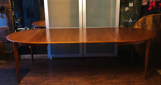 REFINISHED Danish MCM Oval Teak Table w 2 Leaves 59"-98.5" perfect - Mid Century Modern Toronto