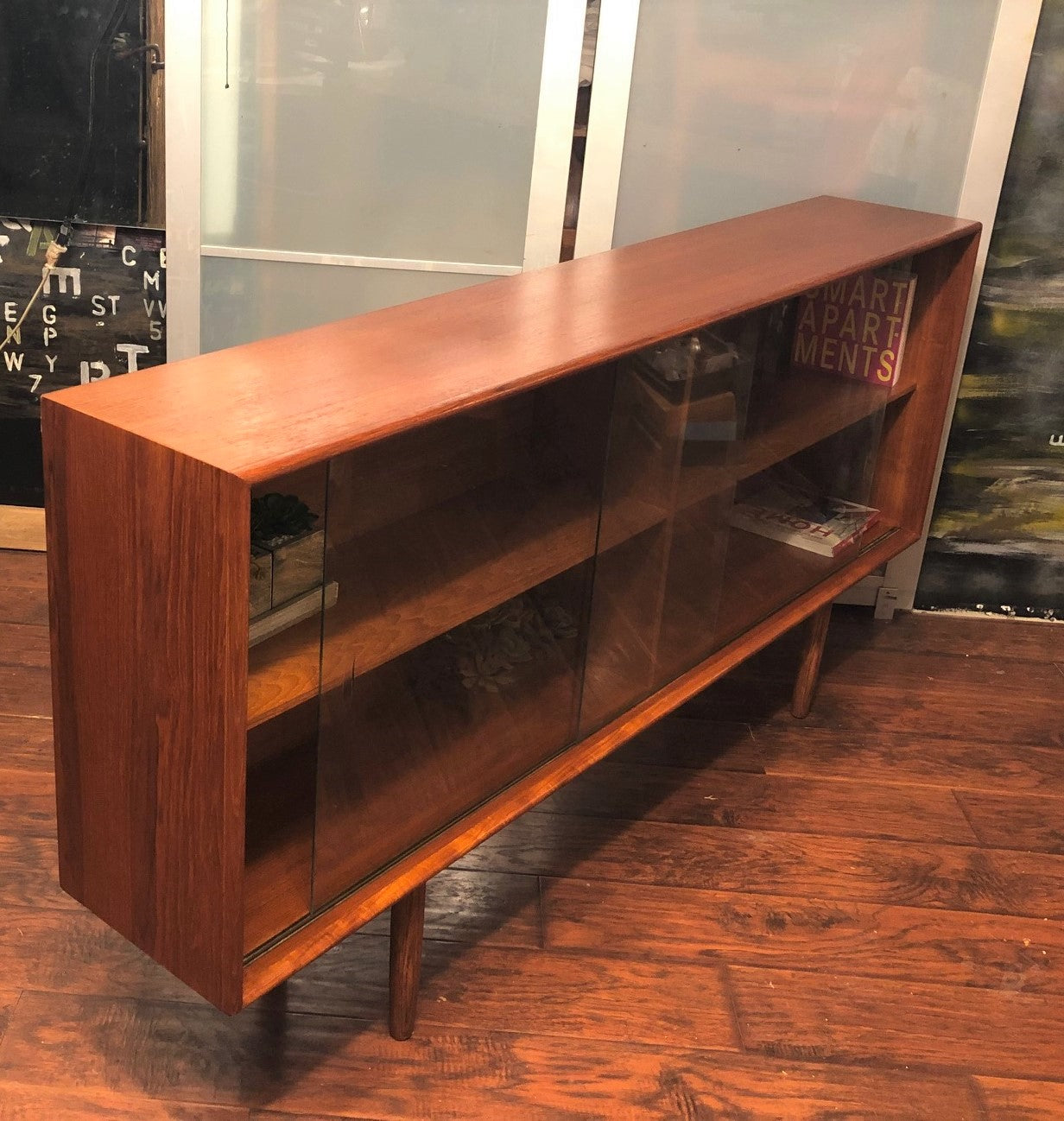 REFINISHED Danish MCM Teak Bookcase Display Narrow, perfect, 70" x H 34' - Mid Century Modern Toronto