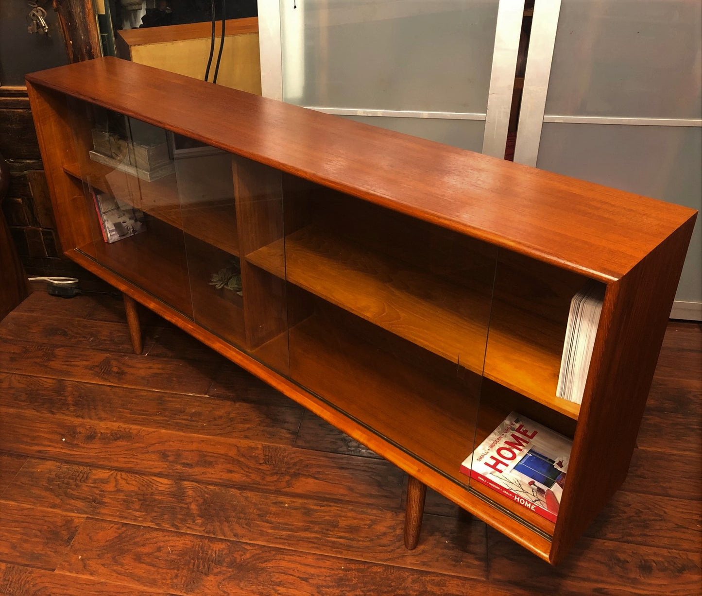 REFINISHED Danish MCM Teak Bookcase Display Narrow, perfect, 70" x H 34' - Mid Century Modern Toronto