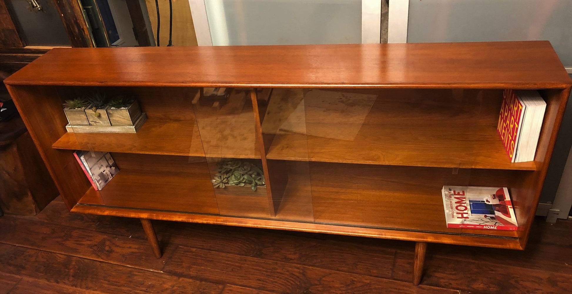 REFINISHED Danish MCM Teak Bookcase Display Narrow, perfect, 70" x H 34' - Mid Century Modern Toronto