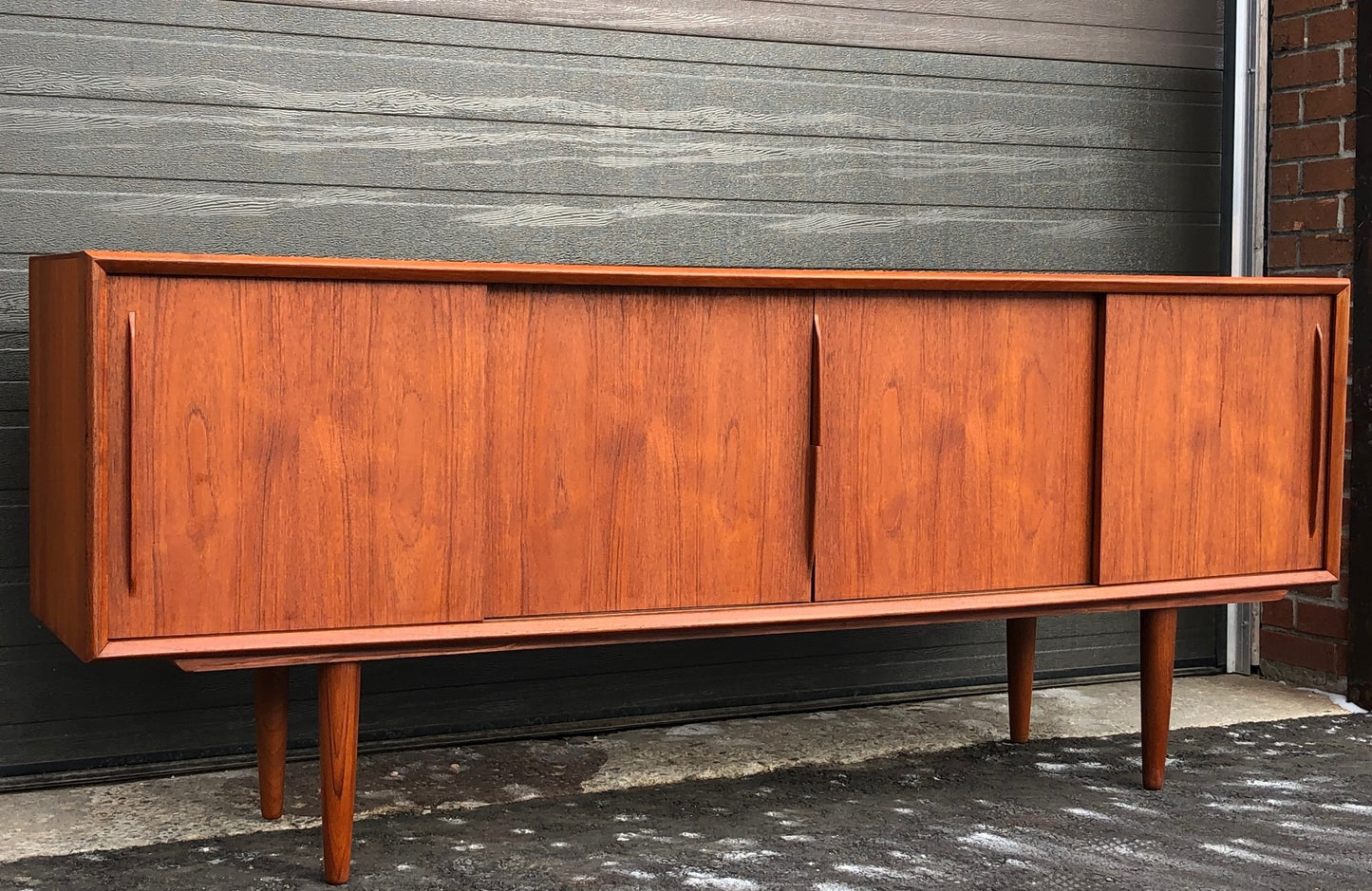REFINISHED Danish MCM Teak Credenza Bow Front 4 sliding doors by H.P. Hansen, 79" - Mid Century Modern Toronto