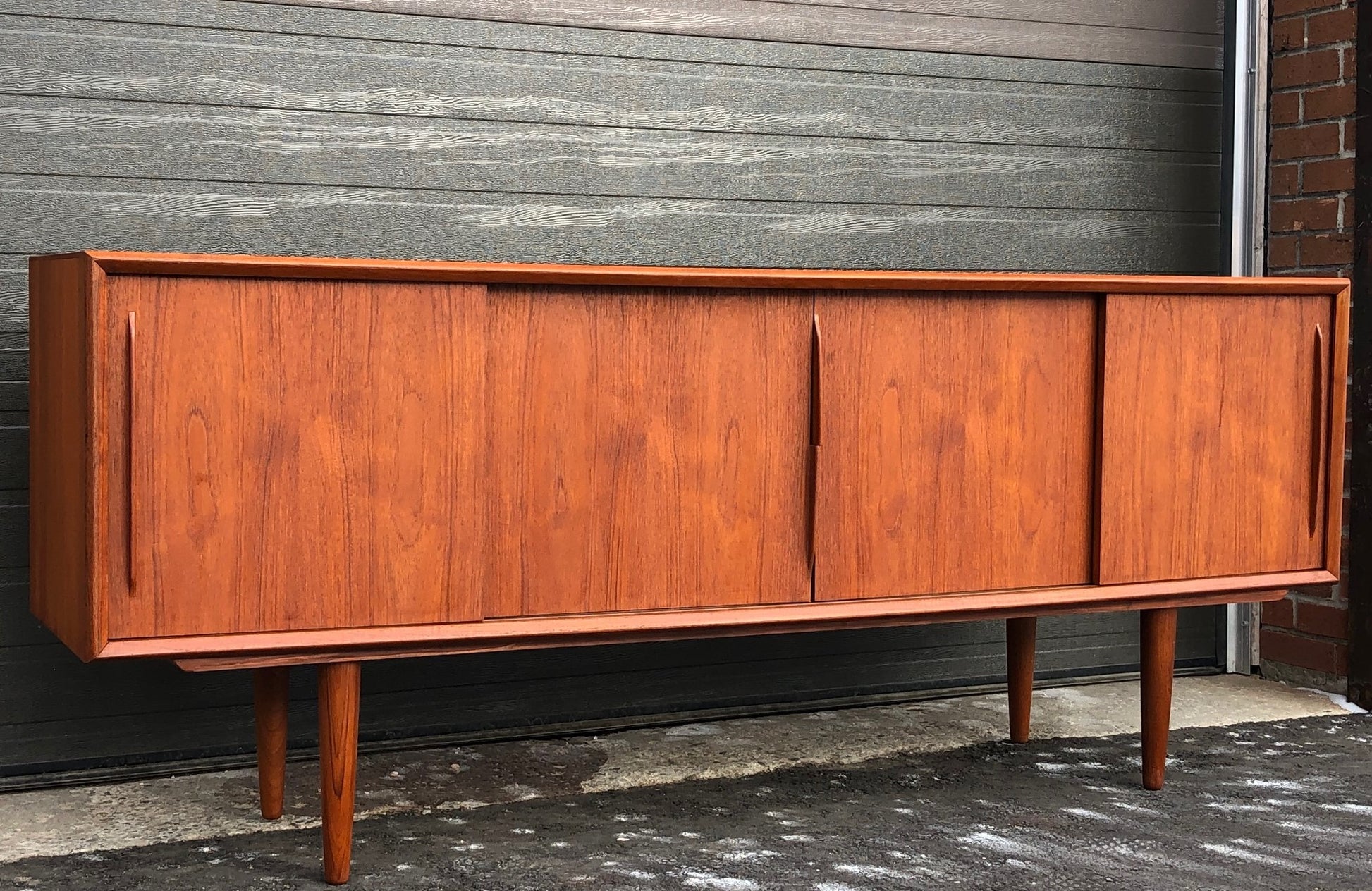 REFINISHED Danish MCM Teak Credenza Bow Front 4 sliding doors by H.P. Hansen, 79" - Mid Century Modern Toronto