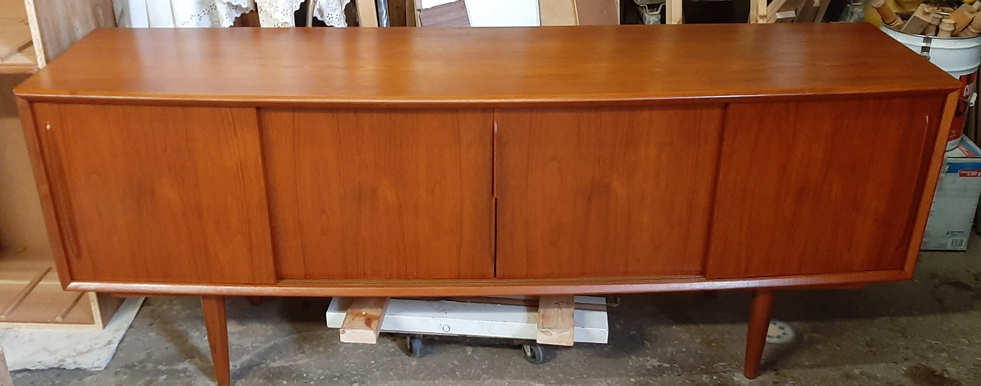 REFINISHED Danish MCM Teak Credenza Bow Front 4 sliding doors by H.P. Hansen, 79" - Mid Century Modern Toronto