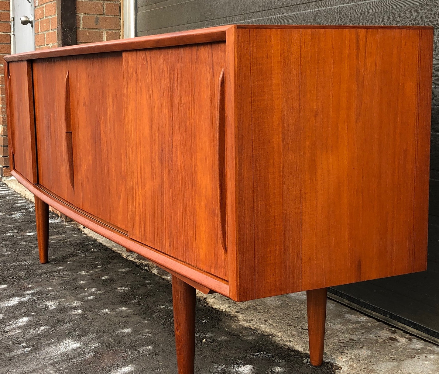 REFINISHED Danish MCM Teak Credenza Bow Front 4 sliding doors by H.P. Hansen, 79" - Mid Century Modern Toronto
