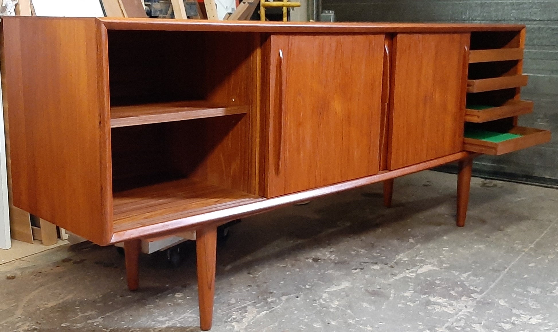 REFINISHED Danish MCM Teak Credenza Bow Front 4 sliding doors by H.P. Hansen, 79" - Mid Century Modern Toronto