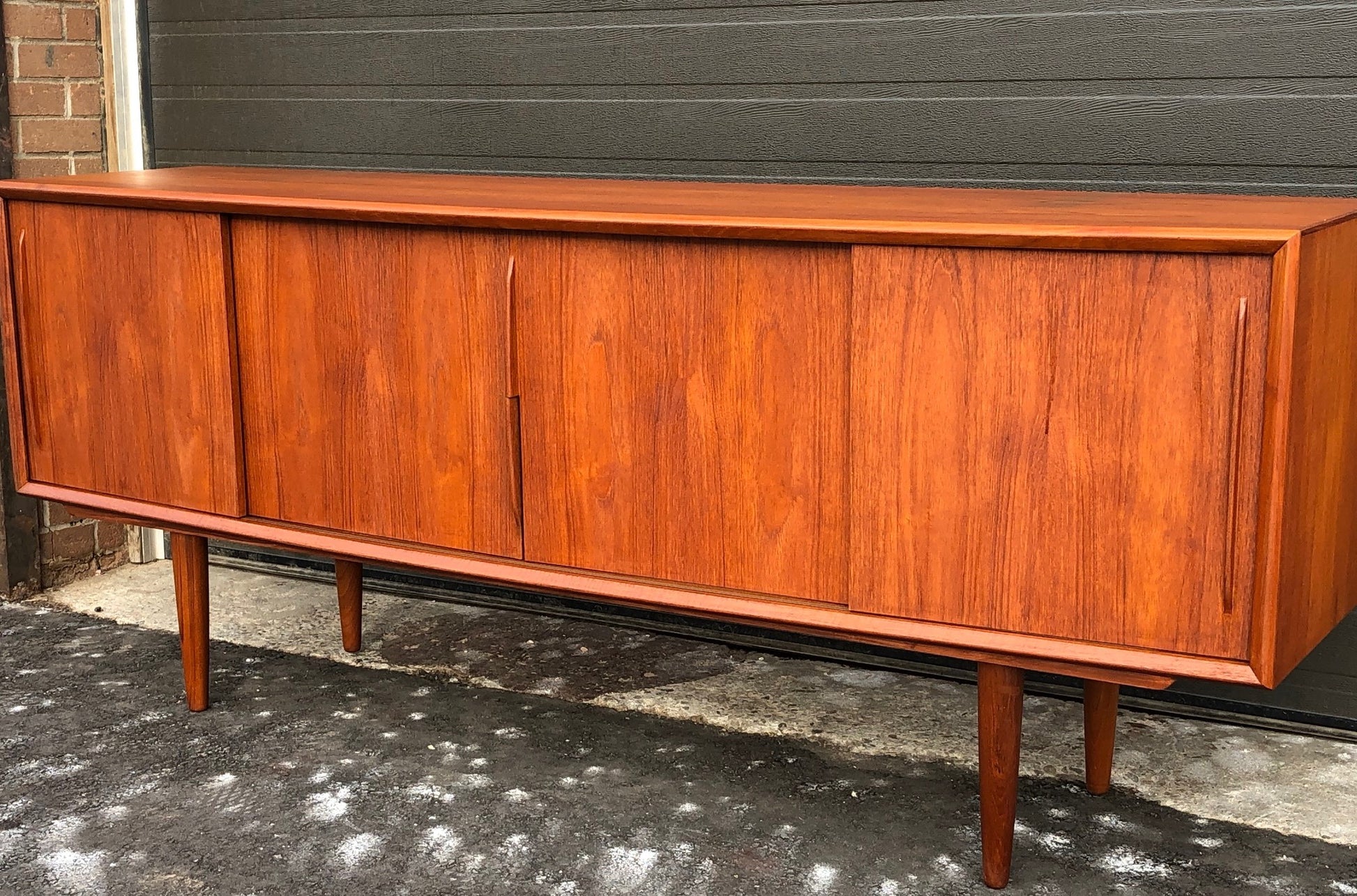 REFINISHED Danish MCM Teak Credenza Bow Front 4 sliding doors by H.P. Hansen, 79" - Mid Century Modern Toronto
