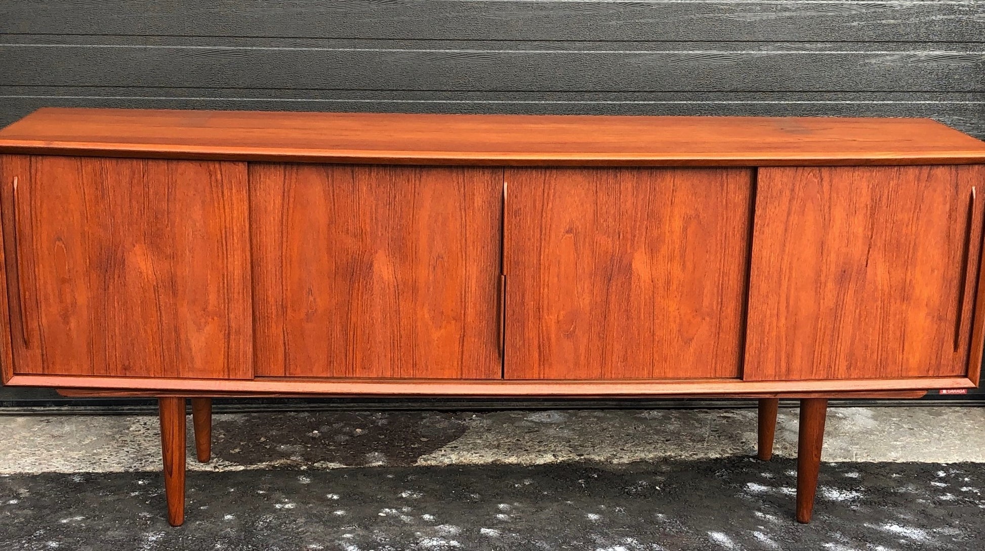 REFINISHED Danish MCM Teak Credenza Bow Front 4 sliding doors by H.P. Hansen, 79" - Mid Century Modern Toronto