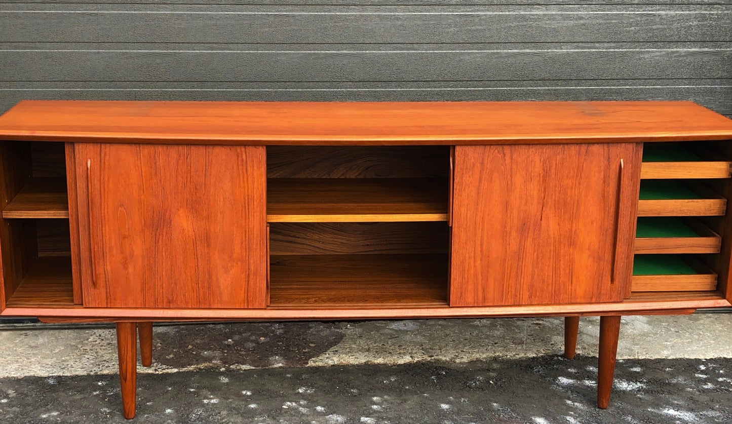 REFINISHED Danish MCM Teak Credenza Bow Front 4 sliding doors by H.P. Hansen, 79" - Mid Century Modern Toronto