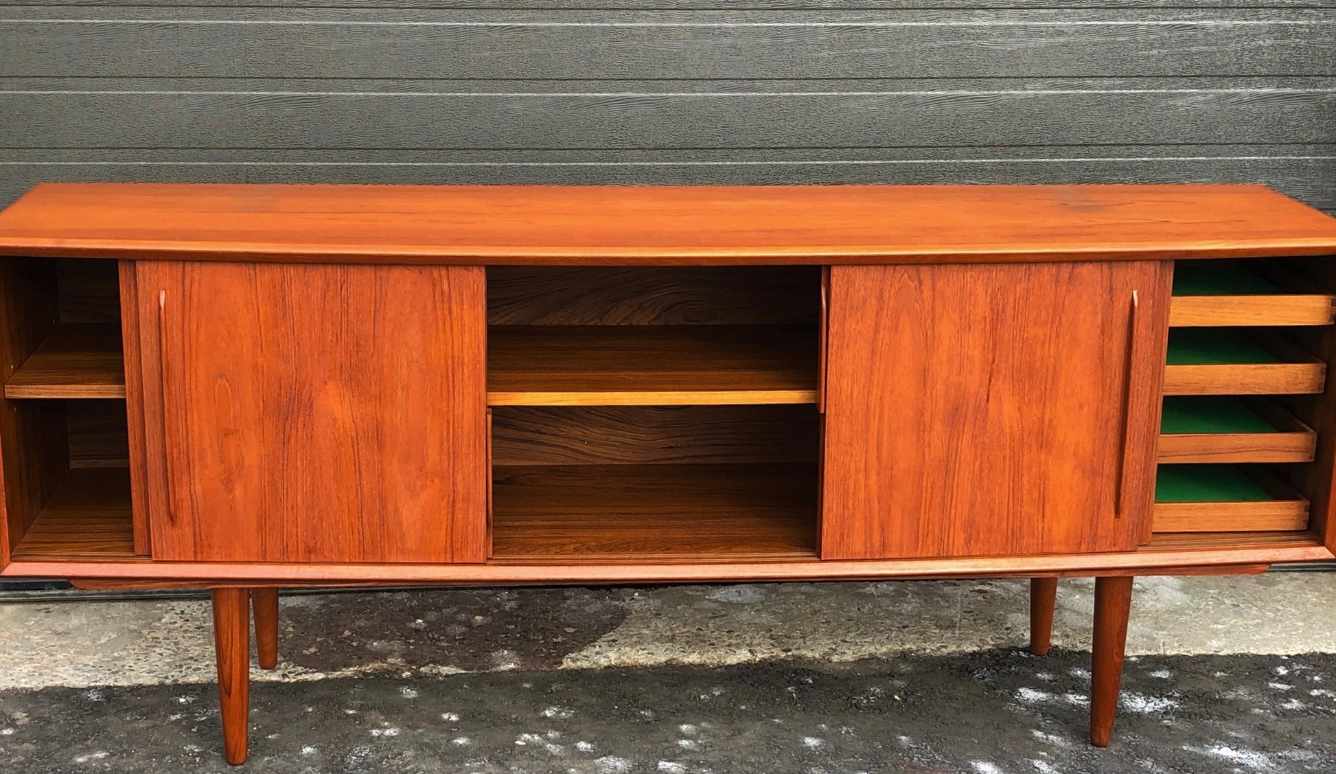 REFINISHED Danish MCM Teak Credenza Bow Front 4 sliding doors by H.P. Hansen, 79" - Mid Century Modern Toronto