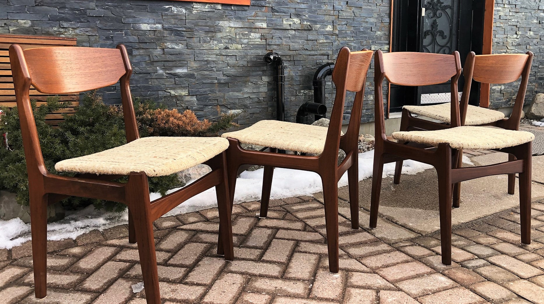 4 Danish MCM Teak Chairs with floating seats will be custom REUPHOLSTERED - Mid Century Modern Toronto