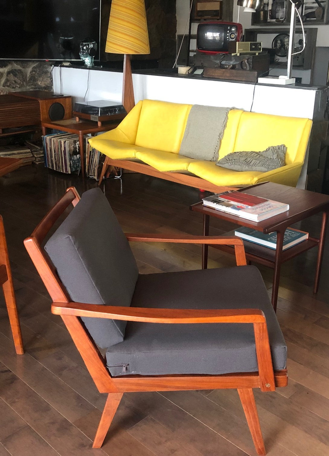 REFINISHED REUPHOLSTERED Pair of Danish Teak MCM Lounge Chairs w new dark grey Maharam cushions, like new - Mid Century Modern Toronto