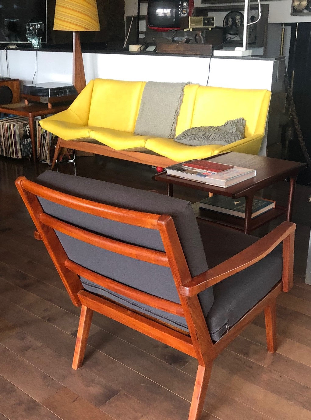 REFINISHED REUPHOLSTERED Pair of Danish Teak MCM Lounge Chairs w new dark grey Maharam cushions, like new - Mid Century Modern Toronto