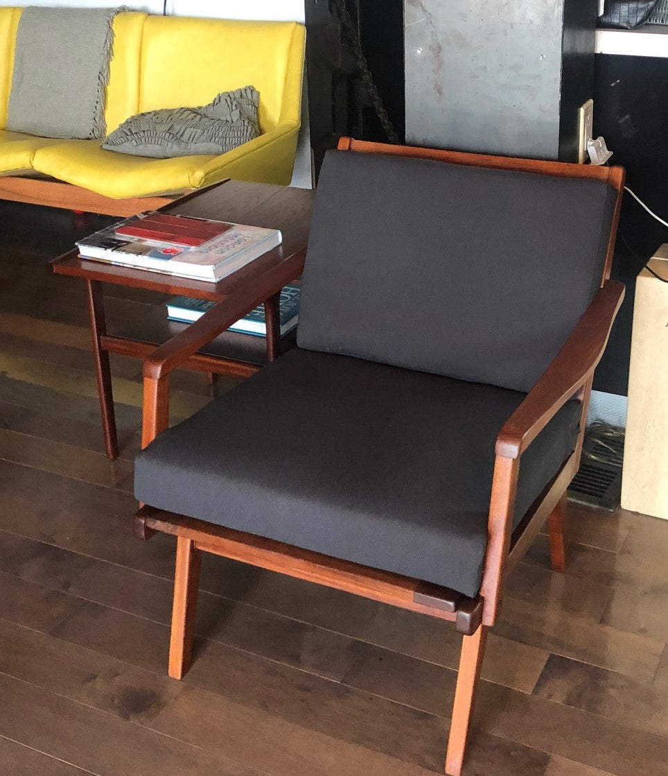 REFINISHED REUPHOLSTERED Pair of Danish Teak MCM Lounge Chairs w new dark grey Maharam cushions, like new - Mid Century Modern Toronto