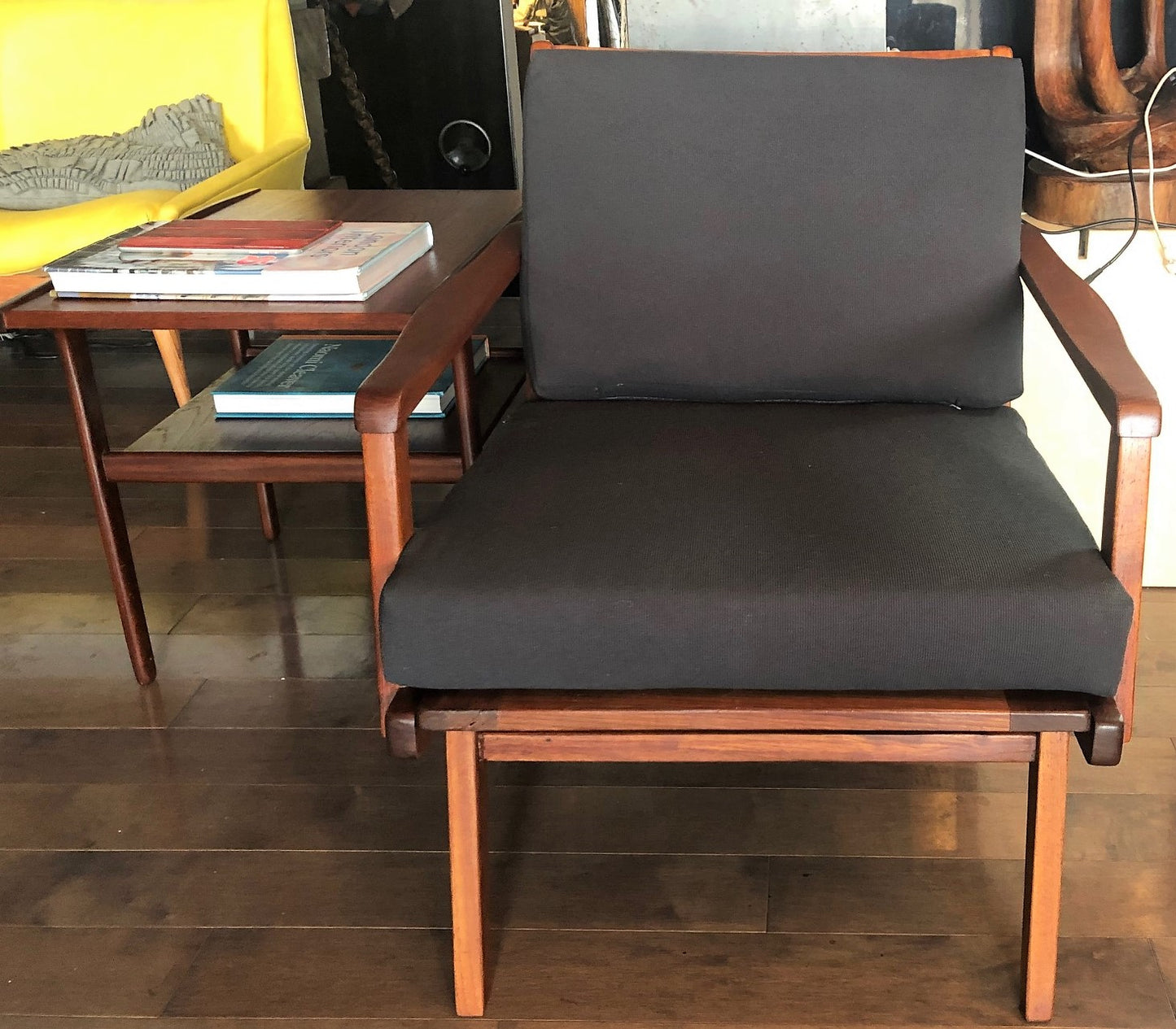 REFINISHED REUPHOLSTERED Pair of Danish Teak MCM Lounge Chairs w new dark grey Maharam cushions, like new - Mid Century Modern Toronto