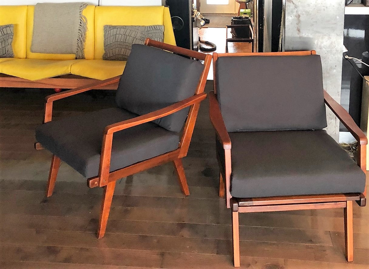 REFINISHED REUPHOLSTERED Pair of Danish Teak MCM Lounge Chairs w new dark grey Maharam cushions, like new - Mid Century Modern Toronto