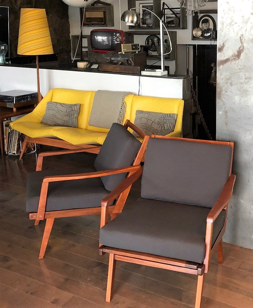 REFINISHED REUPHOLSTERED Pair of Danish Teak MCM Lounge Chairs w new dark grey Maharam cushions, like new - Mid Century Modern Toronto