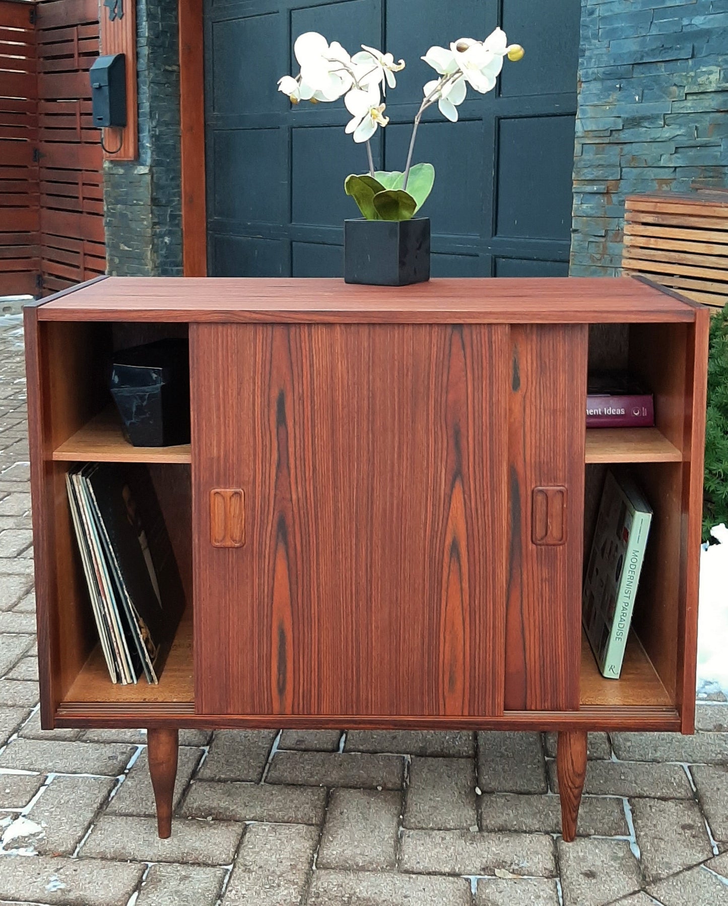 REFINISHED Danish MCM Rosewood Cabinet with sliding doors, compact 34", perfect - Mid Century Modern Toronto