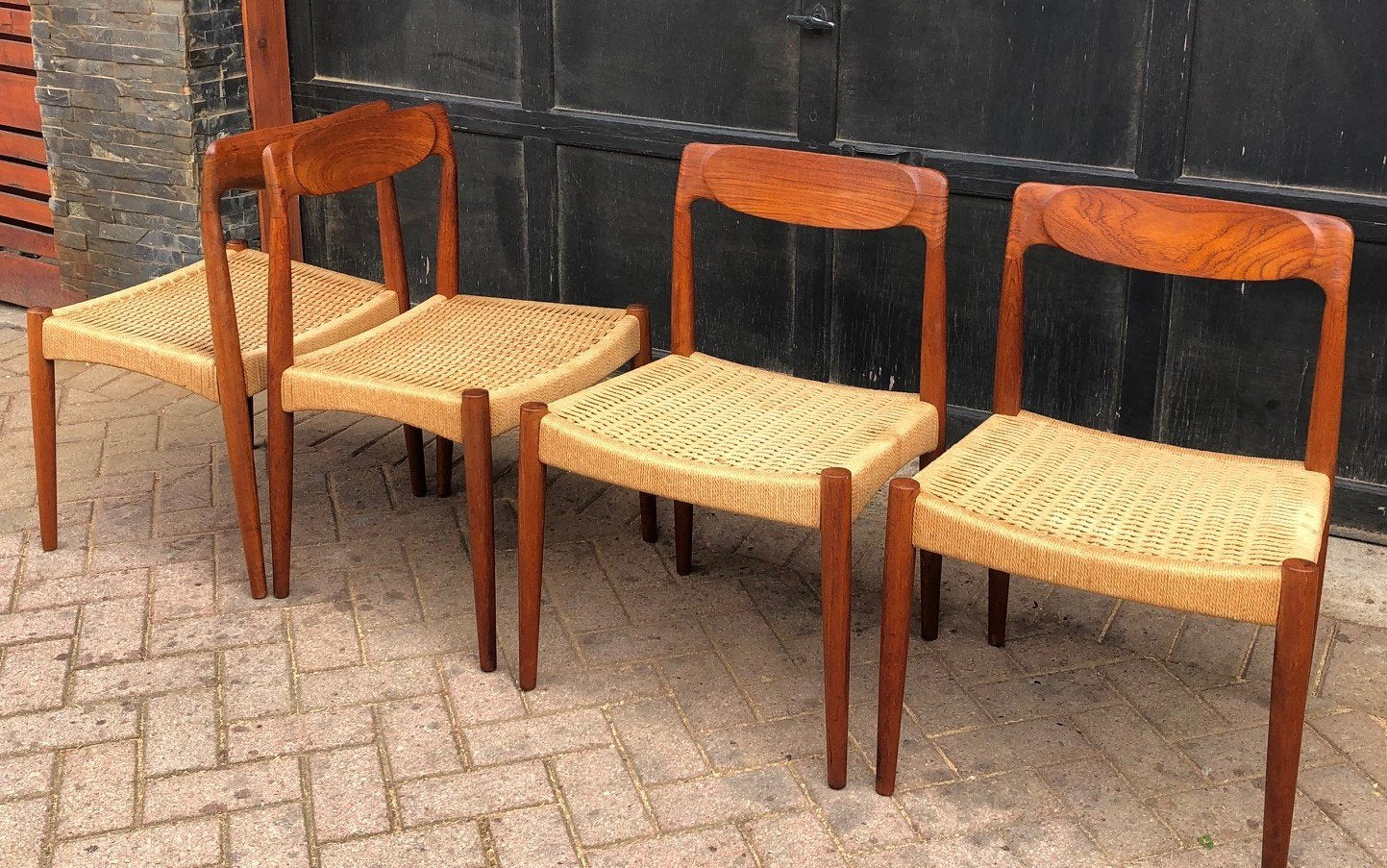 Coming soon ***4 Danish MCM Sculpted Teak and Cord Chairs, each $399 - Mid Century Modern Toronto