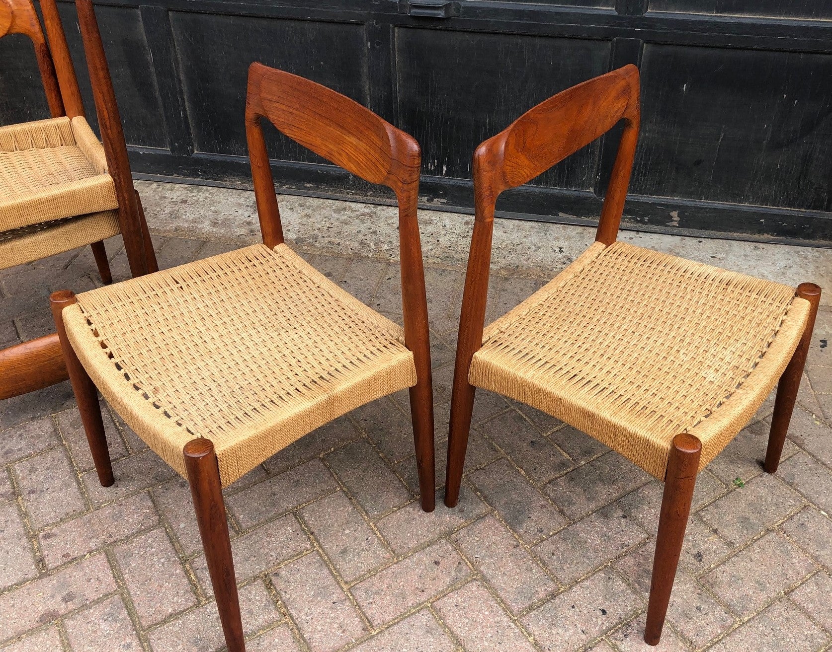 Coming soon ***4 Danish MCM Sculpted Teak and Cord Chairs, each $399 - Mid Century Modern Toronto