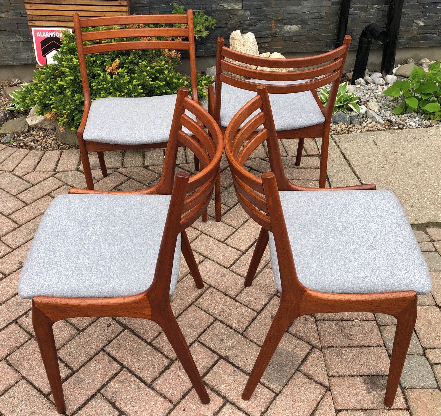 4 MCM Teak Chairs by Kai Kristiansen for KS REFINISHED REUPHOLSTERED l.grey wool, each $375, PERFECT - Mid Century Modern Toronto