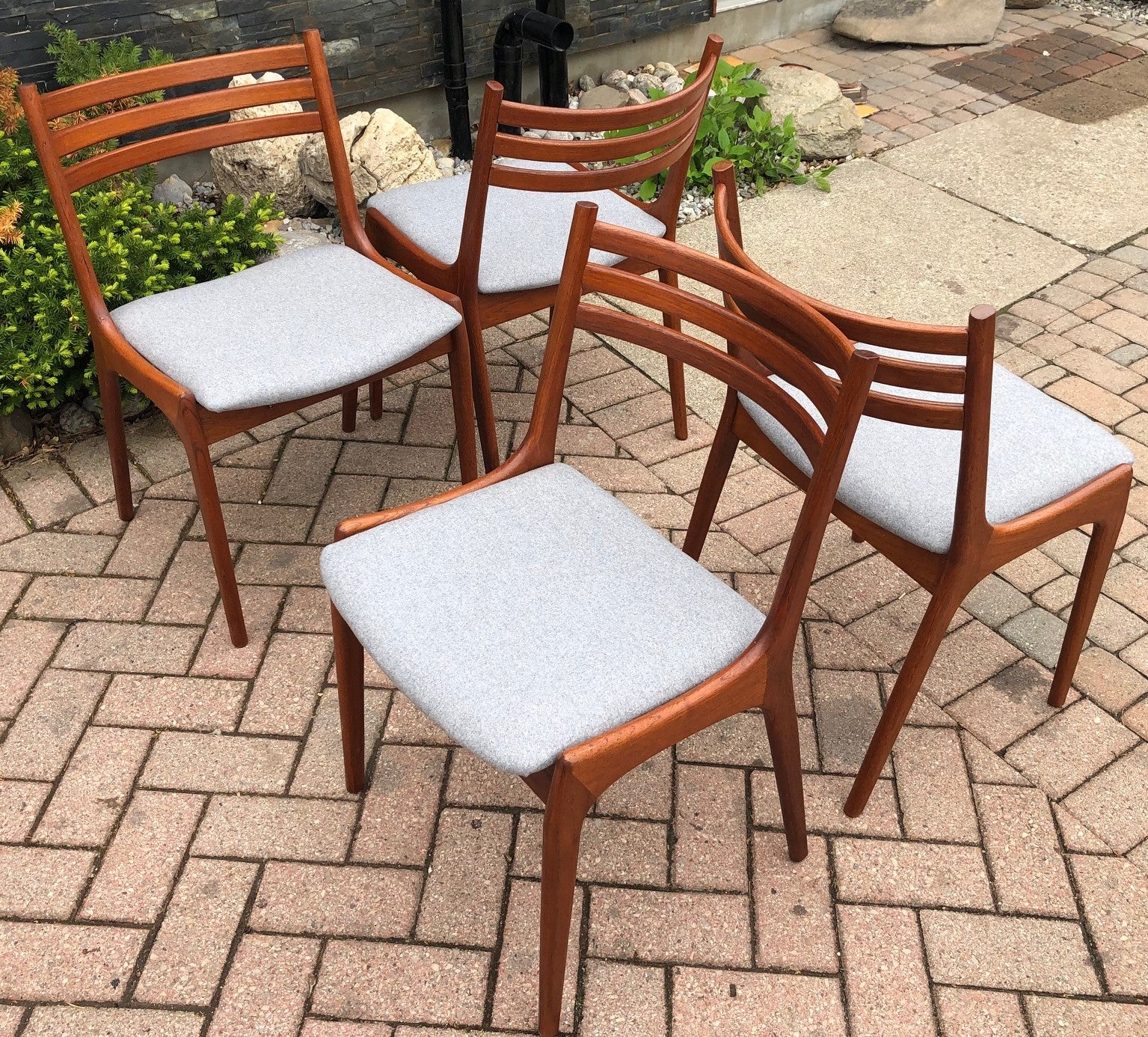 4 MCM Teak Chairs by Kai Kristiansen for KS REFINISHED REUPHOLSTERED l.grey wool, each $375, PERFECT - Mid Century Modern Toronto