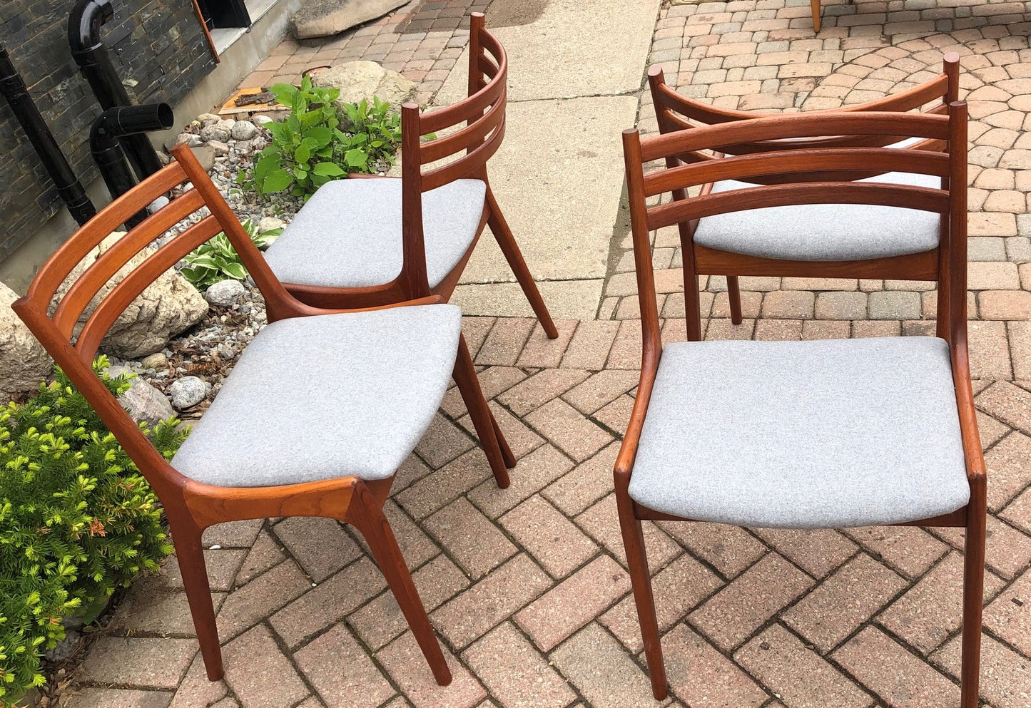 4 MCM Teak Chairs by Kai Kristiansen for KS REFINISHED REUPHOLSTERED l.grey wool, each $375, PERFECT - Mid Century Modern Toronto