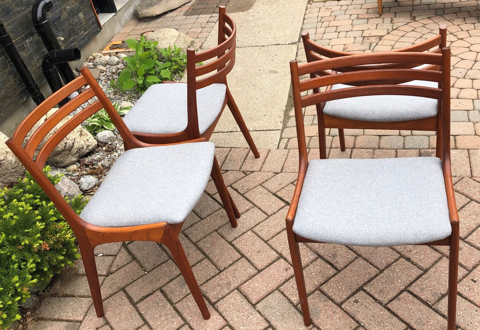 4 MCM Teak Chairs by Kai Kristiansen for KS REFINISHED REUPHOLSTERED l.grey wool, each $375, PERFECT - Mid Century Modern Toronto
