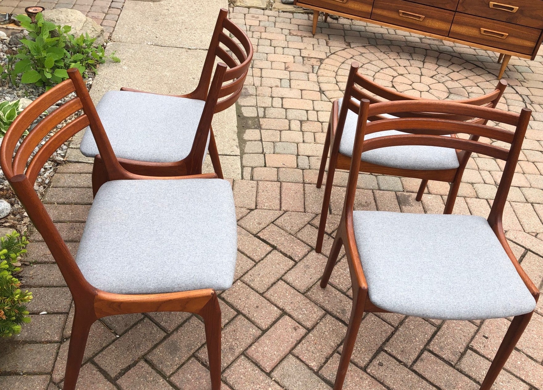 4 MCM Teak Chairs by Kai Kristiansen for KS REFINISHED REUPHOLSTERED l.grey wool, each $375, PERFECT - Mid Century Modern Toronto
