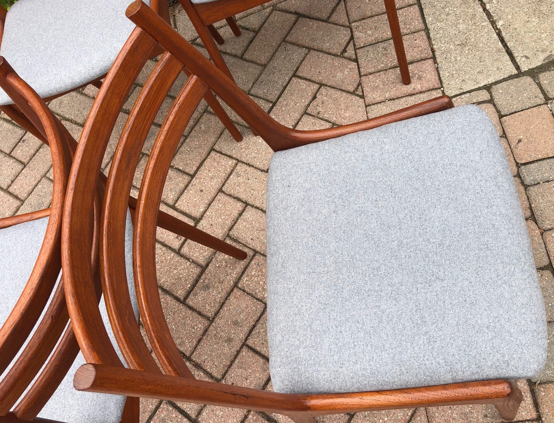 4 MCM Teak Chairs by Kai Kristiansen for KS REFINISHED REUPHOLSTERED l.grey wool, each $375, PERFECT - Mid Century Modern Toronto