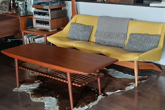 REFINISHED Danish MCM Teak Coffee Table Surfboard with Floating Shelf large, PERFECT - Mid Century Modern Toronto