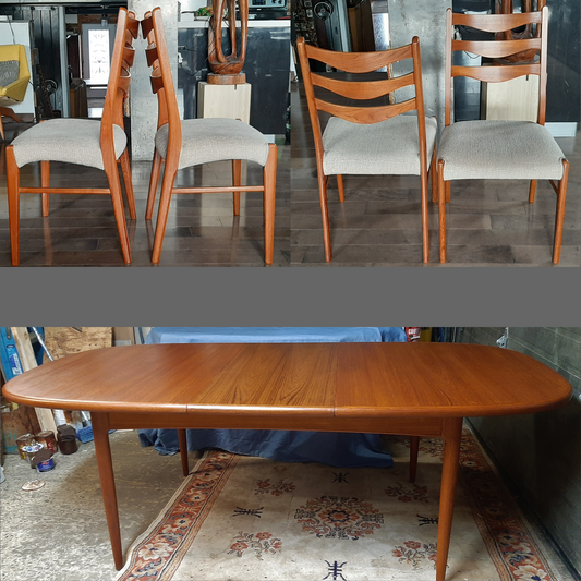 REFINISHED Danish MCM Teak Table Oval w 2 leaves 63"-99" & 4 Chairs by Arne Wahl-Iversen PERFECT - Mid Century Modern Toronto