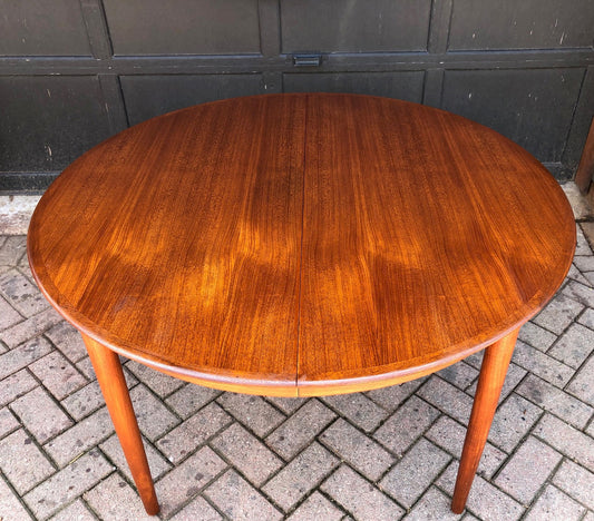 REFINISHED Danish MCM Teak Table Round to Oval w 3 Leaves by DYRLUND, PERFECT - 47-107", treated for durability - Mid Century Modern Toronto