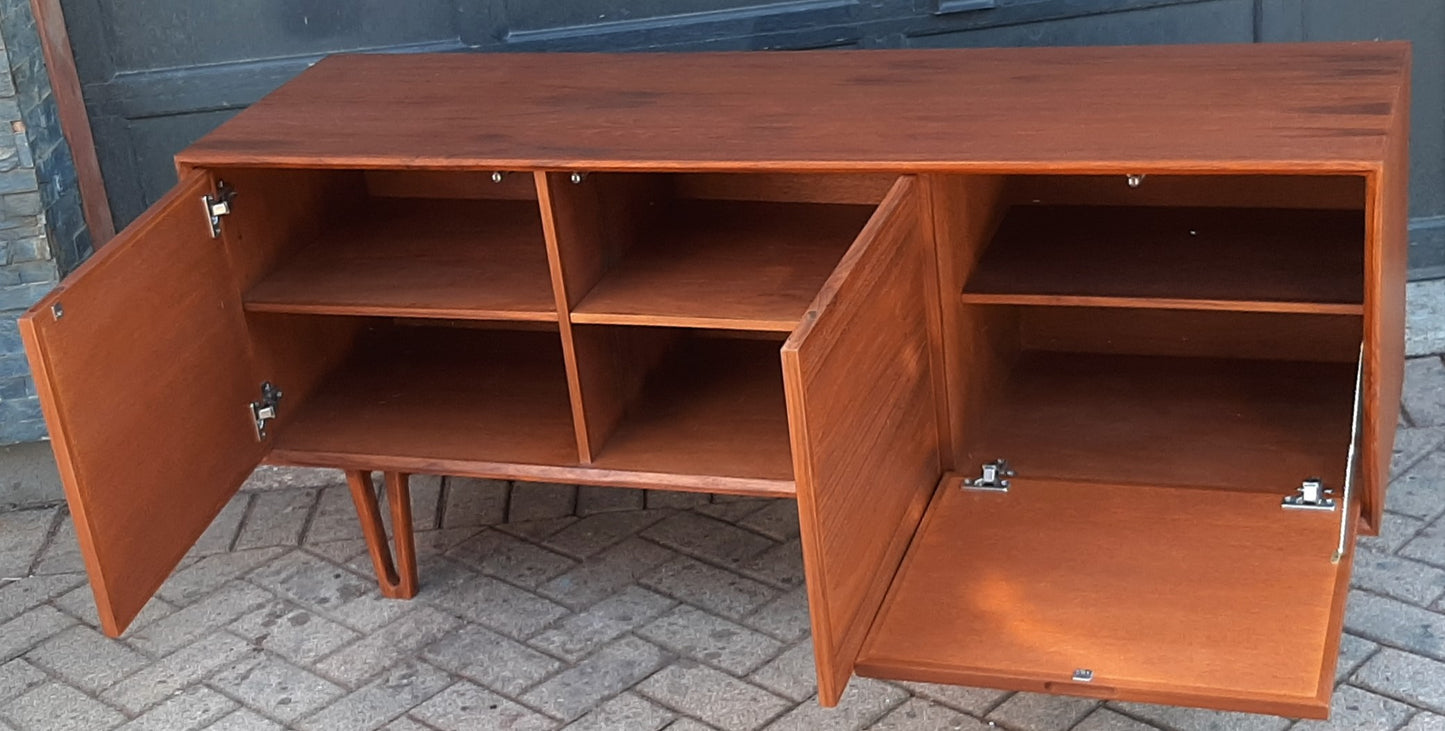 Danish MCM Teak Buffet Bar, 3 doors with hidden handles and V- legs, PERFECT, 63" - Mid Century Modern Toronto