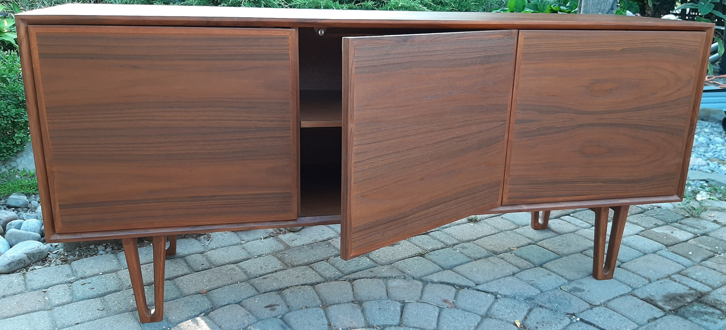 Danish MCM Teak Buffet Bar, 3 doors with hidden handles and V- legs, PERFECT, 63" - Mid Century Modern Toronto