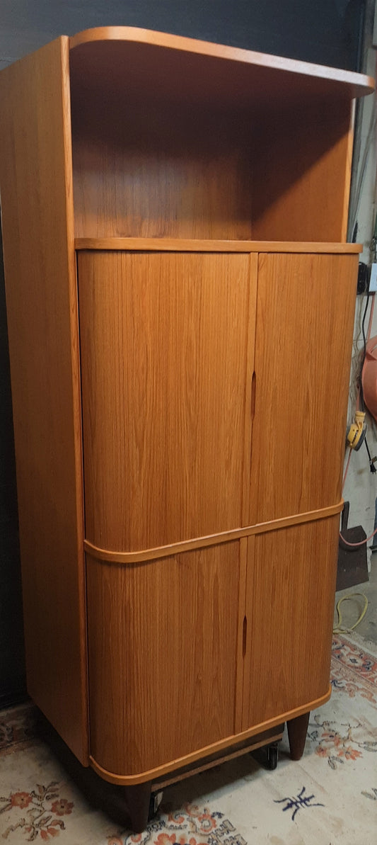 Restored Danish MCM Teak Tall Cabinet w Tambour Doors / Roll-Front, perfect - Mid Century Modern Toronto