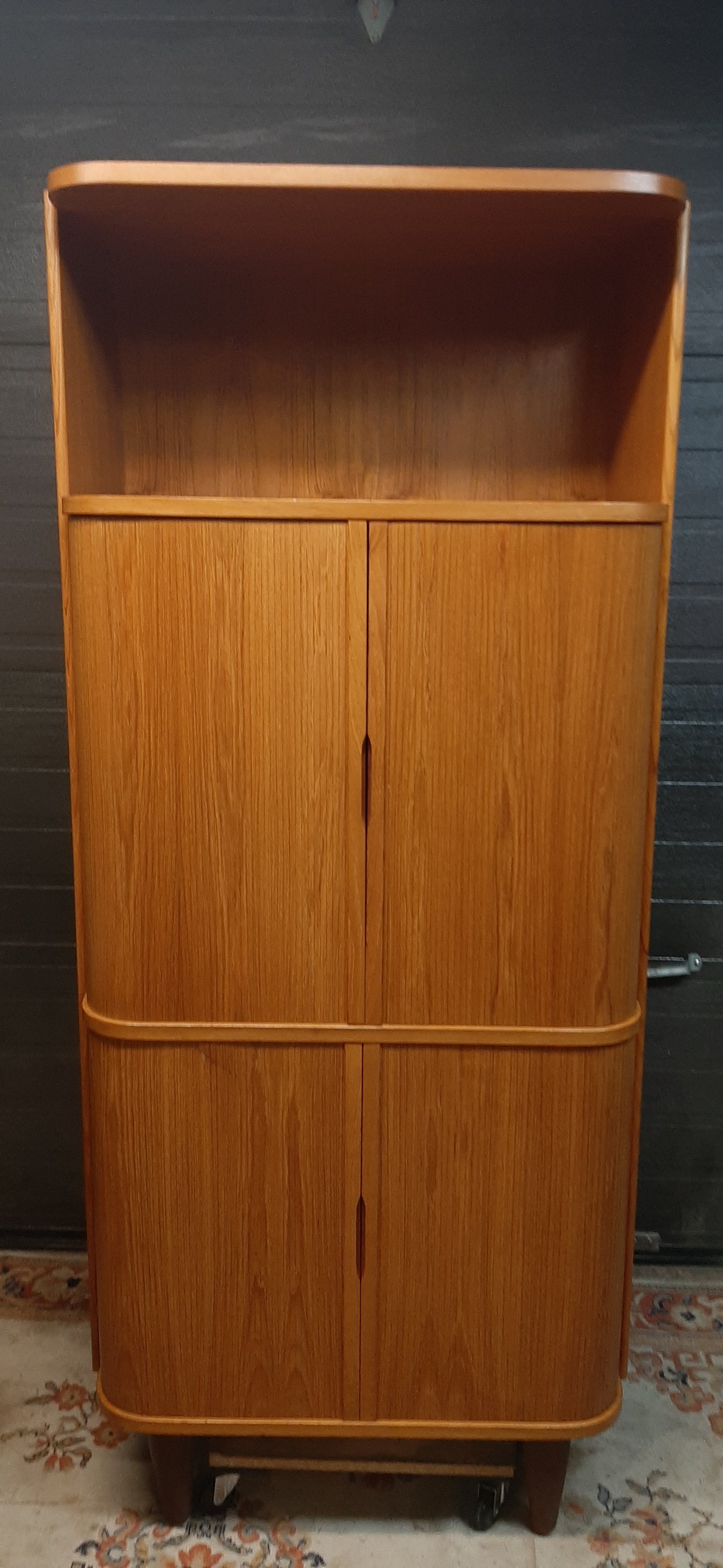 Restored Danish MCM Teak Tall Cabinet w Tambour Doors / Roll-Front, perfect - Mid Century Modern Toronto