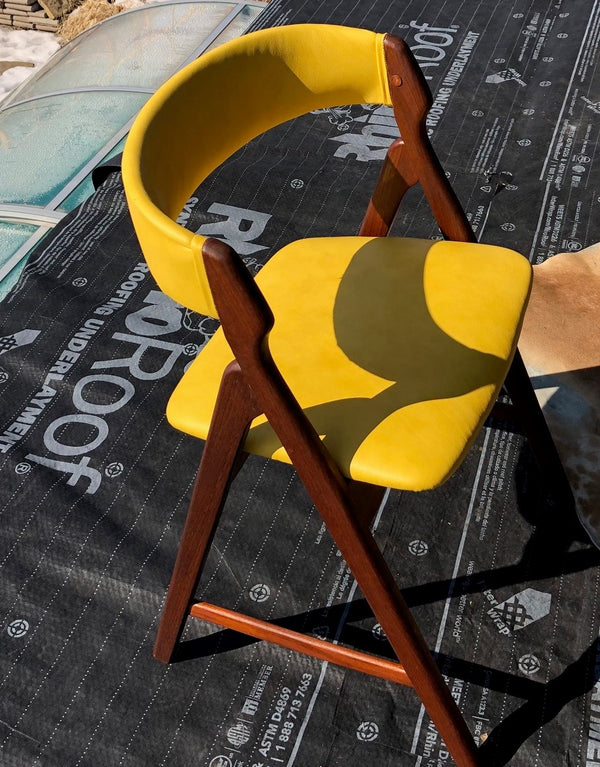 2 Danish MCM Teak Chairs by TH Harlev REFINISHED REUPHOLSTERED in yellow leather, each $449 - Mid Century Modern Toronto