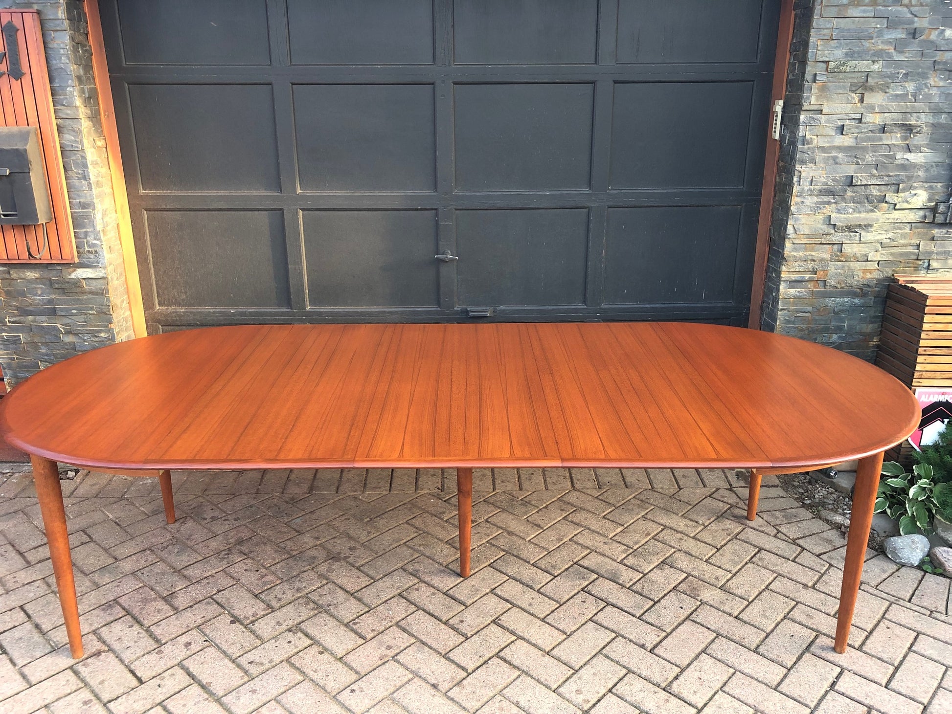 RESERVED for JUDY - REFINISHED Danish MCM Teak Table Round to Oval w 3 Leaves by Skovmand & Andersen, PERFECT - 47-105", treated for durability - Mid Century Modern Toronto