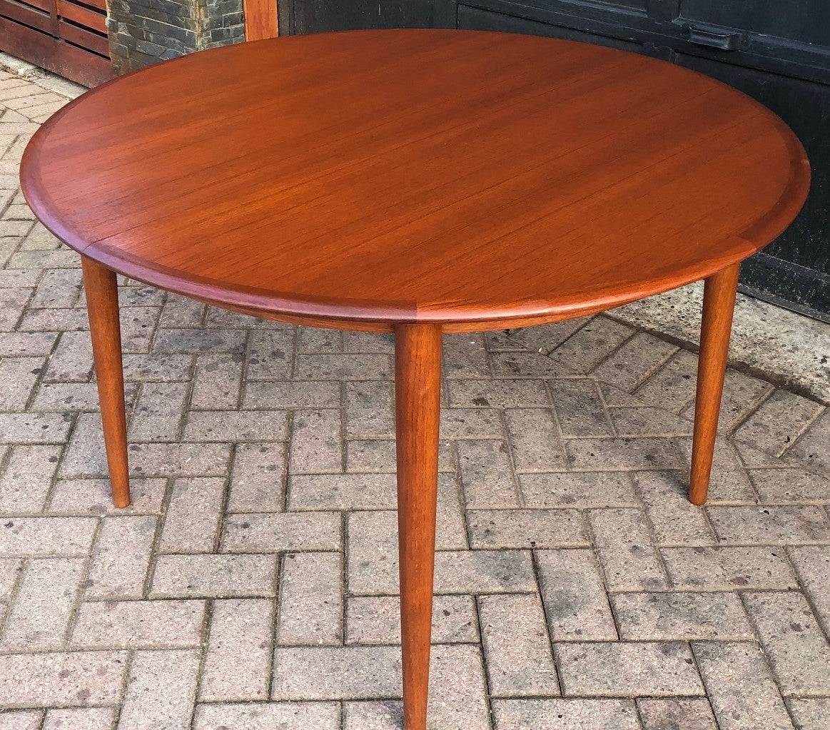 RESERVED for JUDY - REFINISHED Danish MCM Teak Table Round to Oval w 3 Leaves by Skovmand & Andersen, PERFECT - 47-105", treated for durability - Mid Century Modern Toronto