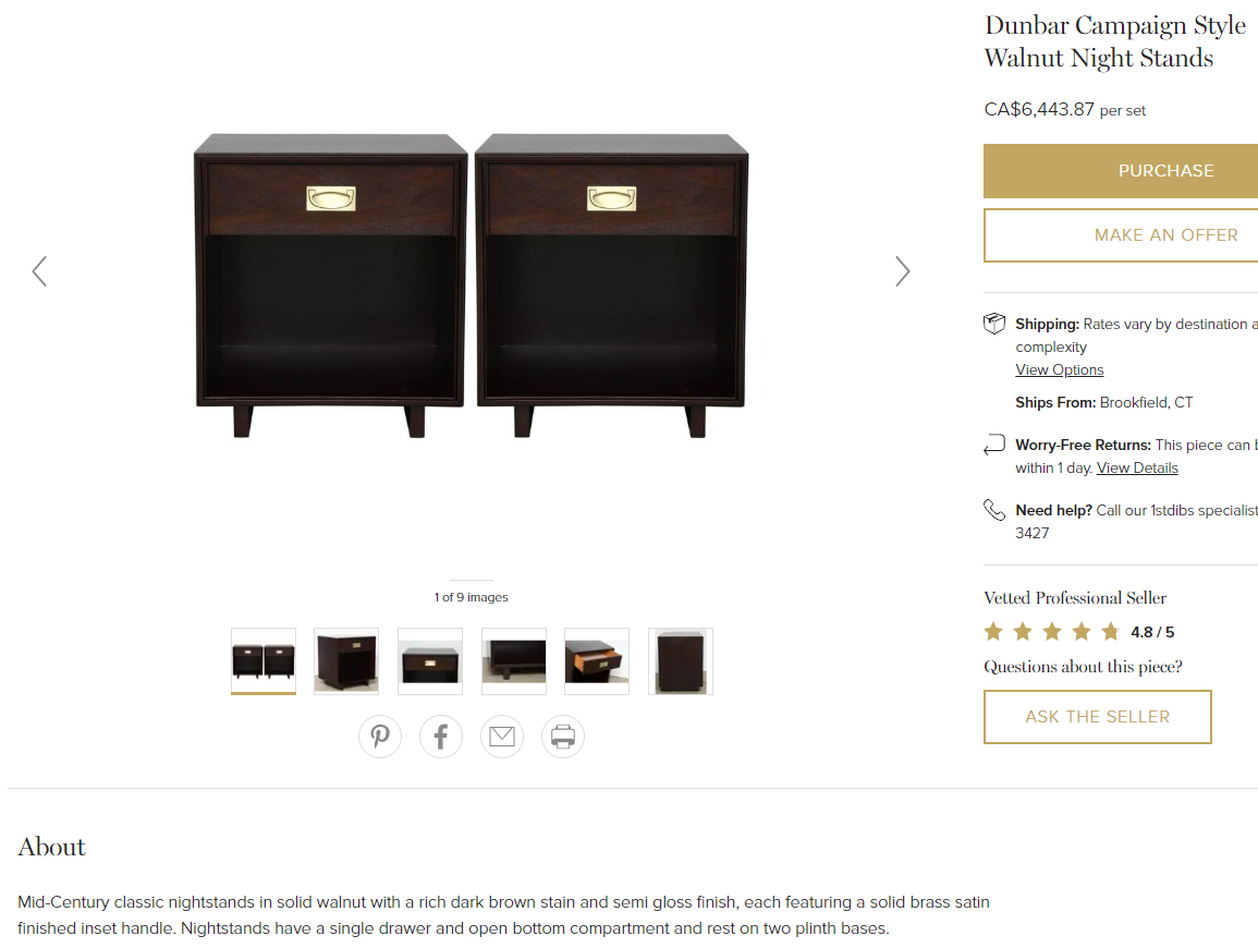 REFINISHED Pair of Mid-Century Solid Mahogany Campaign Nightstands or End /Side Tables with brass hardware - Mid Century Modern Toronto