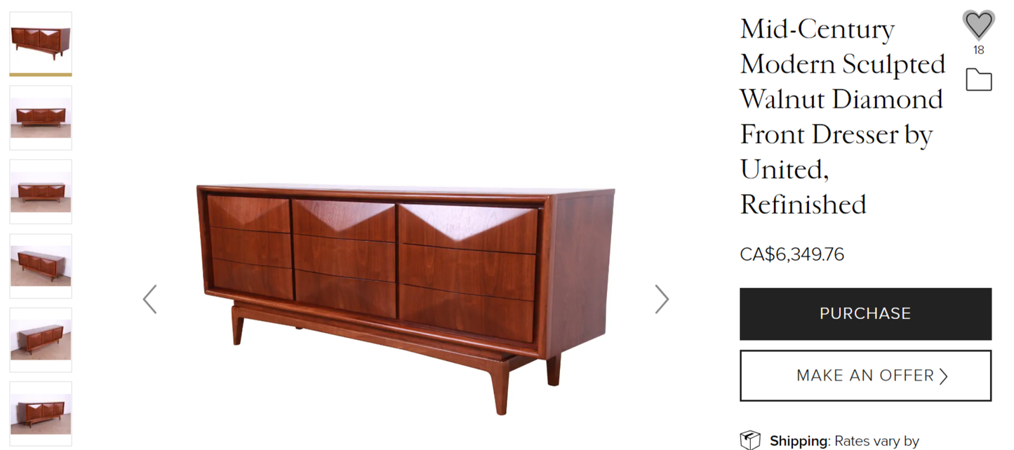Mid Century Modern Walnut Dresser 9 drawers in style of Vladimir Kagan