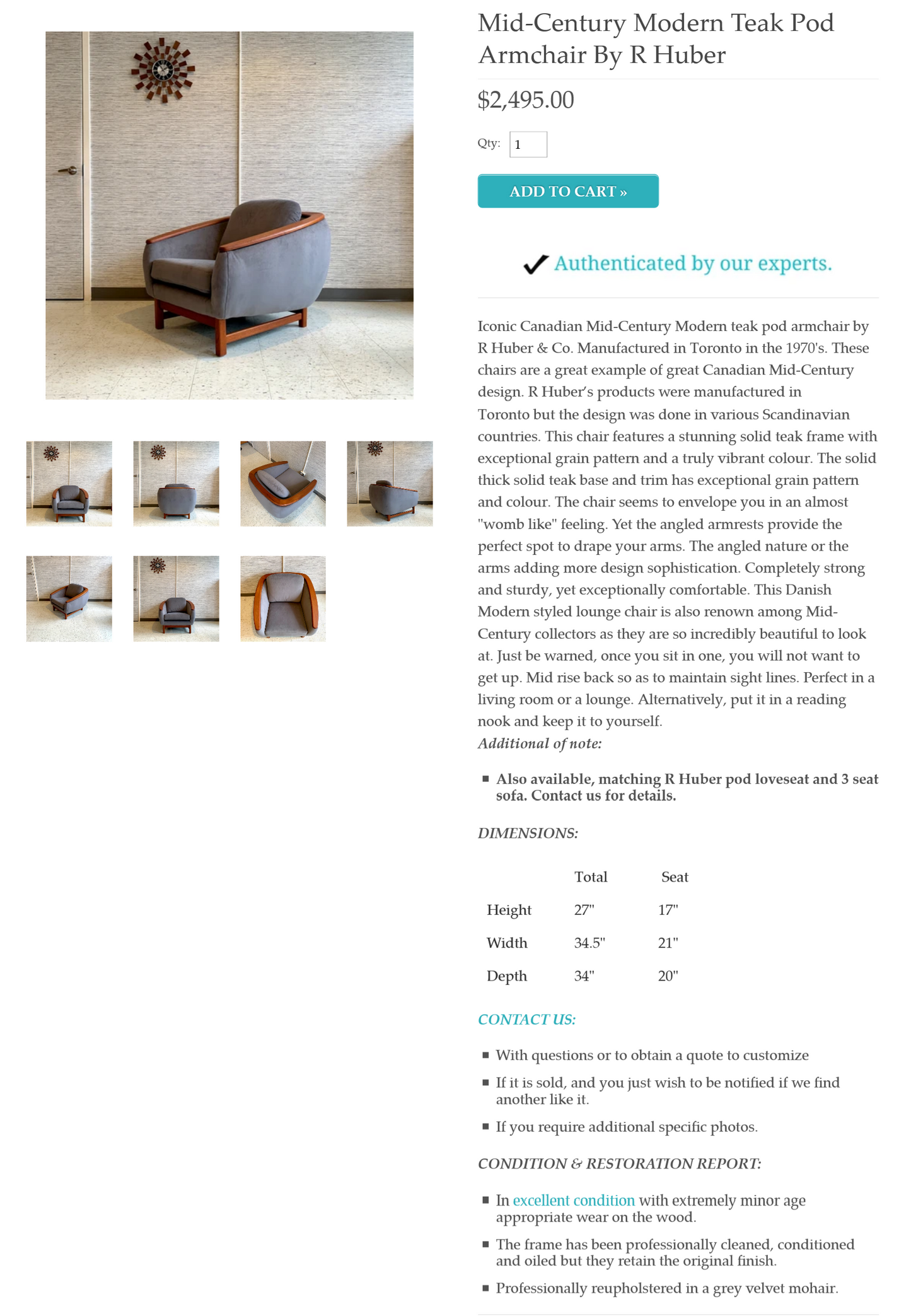 REFINISHED MCM Huber Barrel Back Teak Lounge Armchair, PERFECT