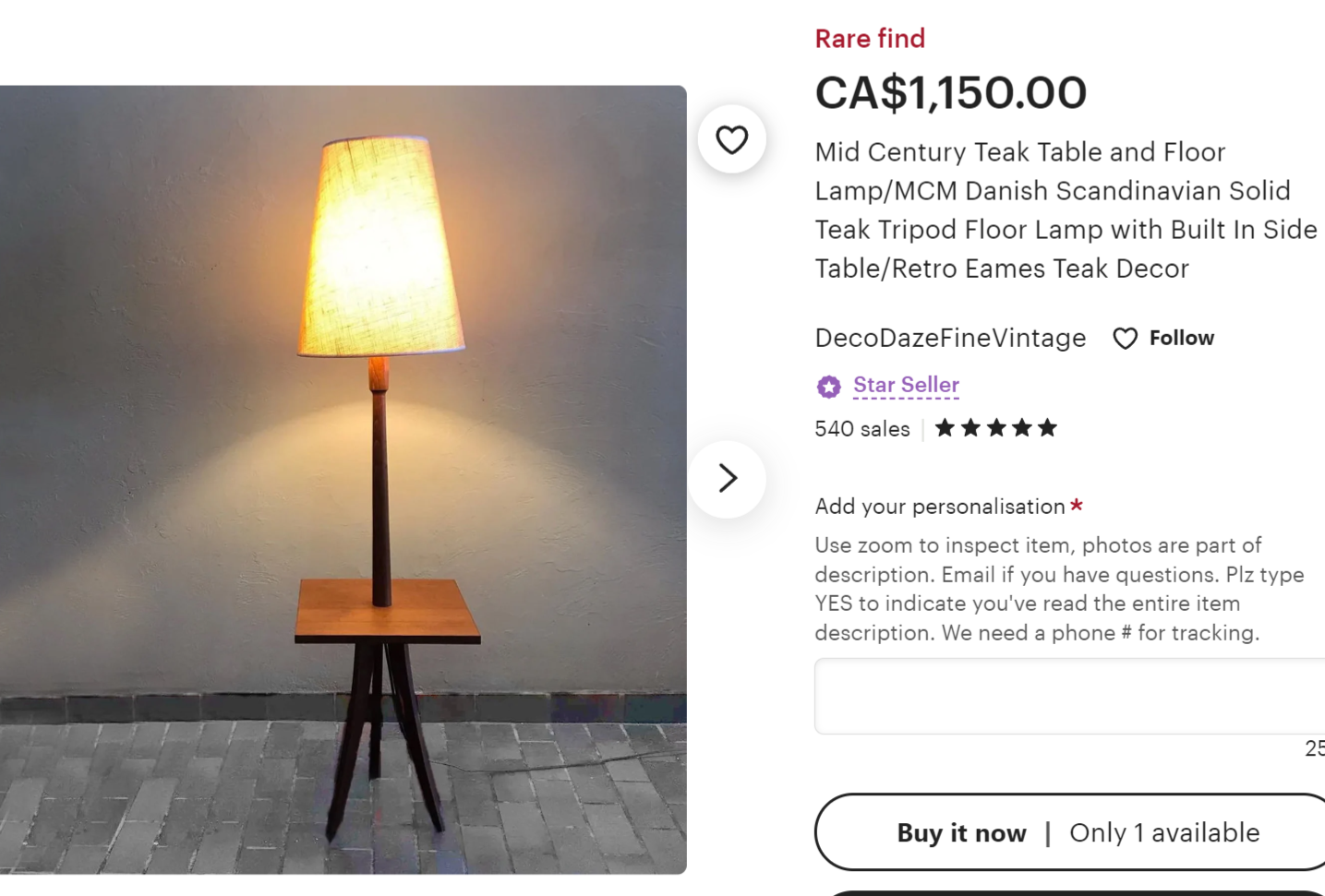 Mid Century Modern Teak Floor Lamp with Built-In Tripod Table, REFINISHED