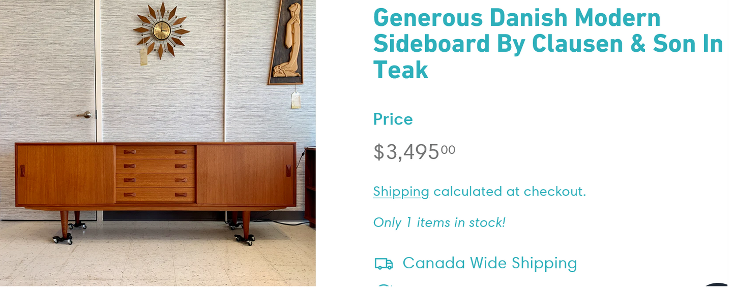 REFINISHED Danish Mid Century Modern Teak Sideboard by Clausen & Son, 82"