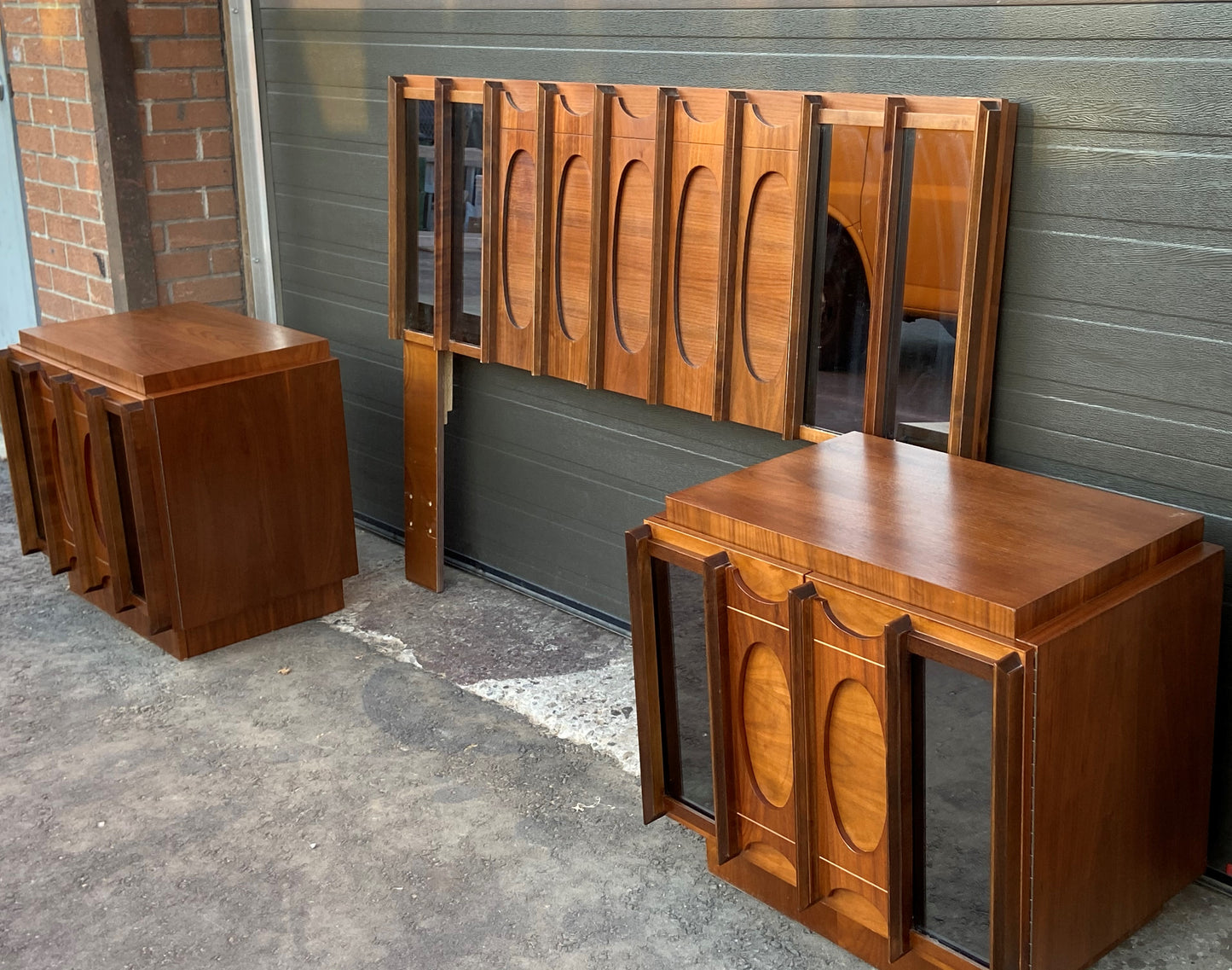 RESTORED Rare MCM Teak & Walnut Mirrored Brutalist Headboard Queen, metal bed frame, 2 nightstands