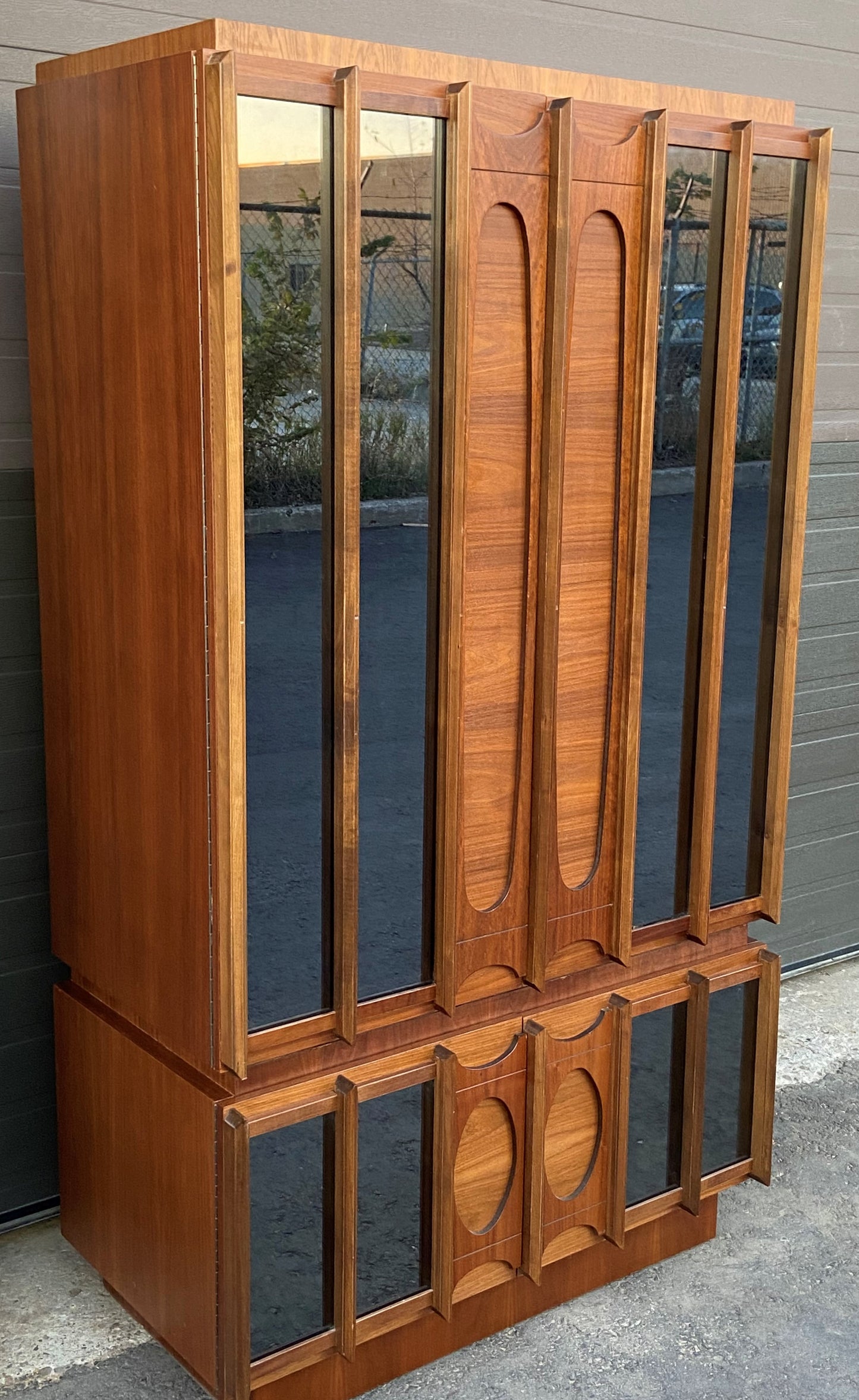 RESTORED Rare MCM Teak & Walnut Mirrored Brutalist Armoire High Credenza