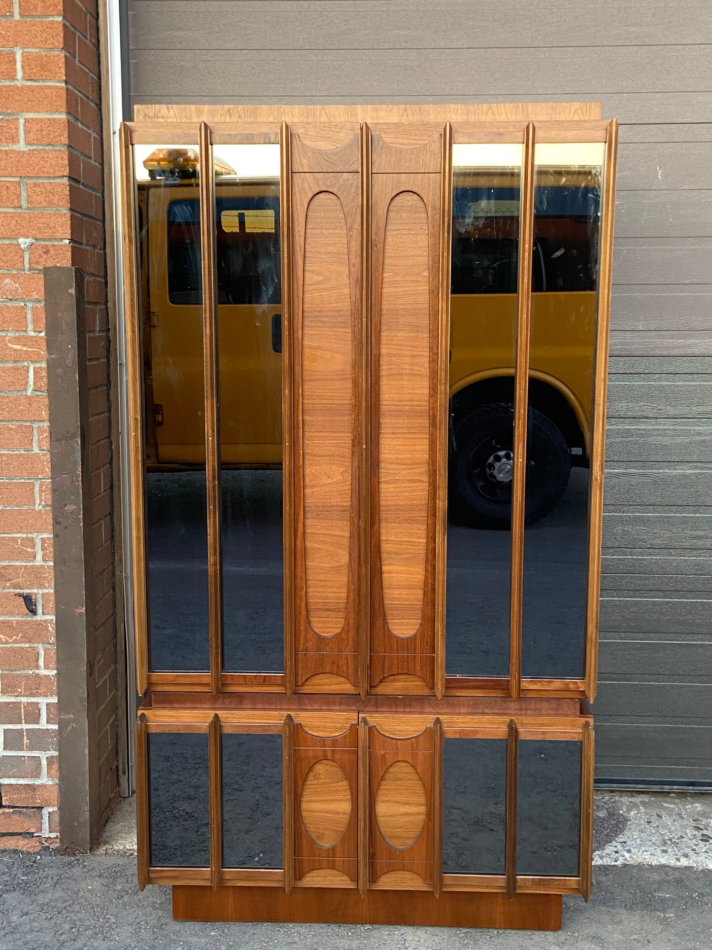 RESTORED Rare MCM Teak & Walnut Mirrored Brutalist Armoire High Credenza