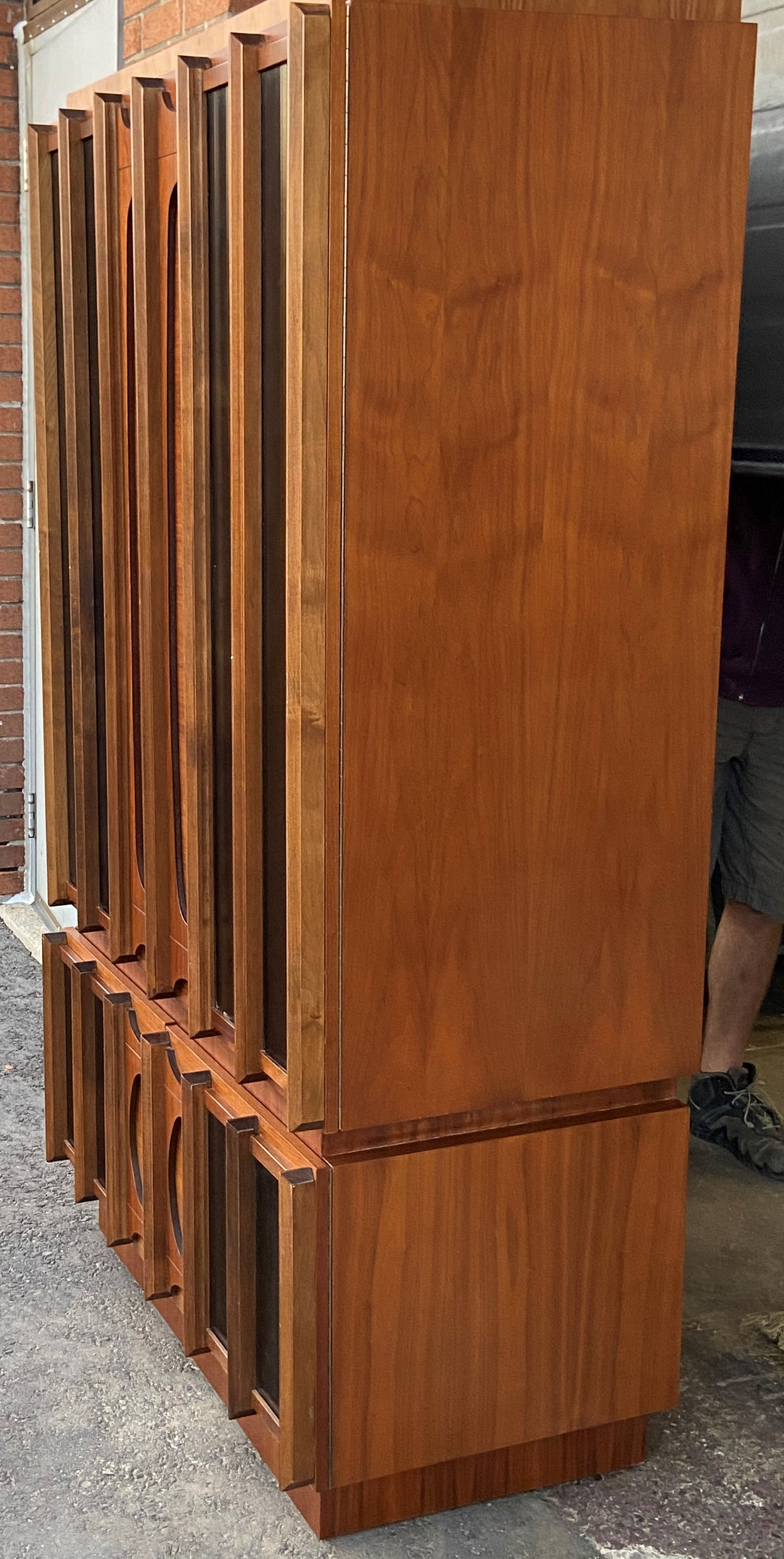 RESTORED Rare MCM Teak & Walnut Mirrored Brutalist Armoire High Credenza